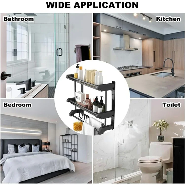 60cm Length Stainless Steel Towel Rack No Drilling Double Layer Wall Mounted Storage Shelf for Bathroom / Kitchen