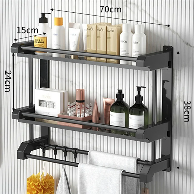70cm Length Stainless Steel Towel Rack No Drilling Double Layer Wall Mounted Storage Shelf for Bathroom / Kitchen