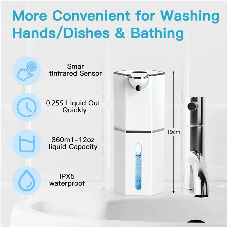M12 360ml Automatic Soap Dispenser Wall Mounted Electric Foam Hand Wash Touchless Sensor - Black / Liquid Drop Type