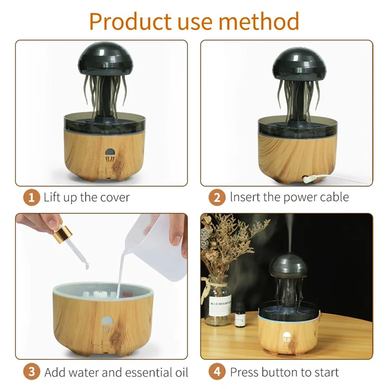 Jellyfish Humidifier For Home Office Desk 7 Color LED Atmosphere Light Aroma Diffuser Rotating Mist - EU Plug - Light Wood Grain