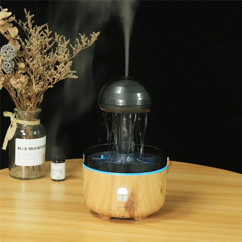 Jellyfish Humidifier For Home Office Desk 7 Color LED Atmosphere Light Aroma Diffuser Rotating Mist - EU Plug - Light Wood Grain