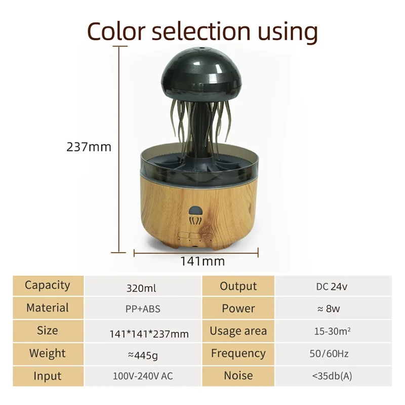 Jellyfish Humidifier For Home Office Desk 7 Color LED Atmosphere Light Aroma Diffuser Rotating Mist - EU Plug - Light Wood Grain
