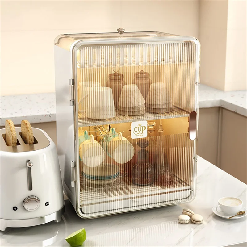 Dust-Proof Cup Storage Rack Mug Organizer Coffee Cup Wine Glasses Teacups Holder PP Draining Cabinet - White