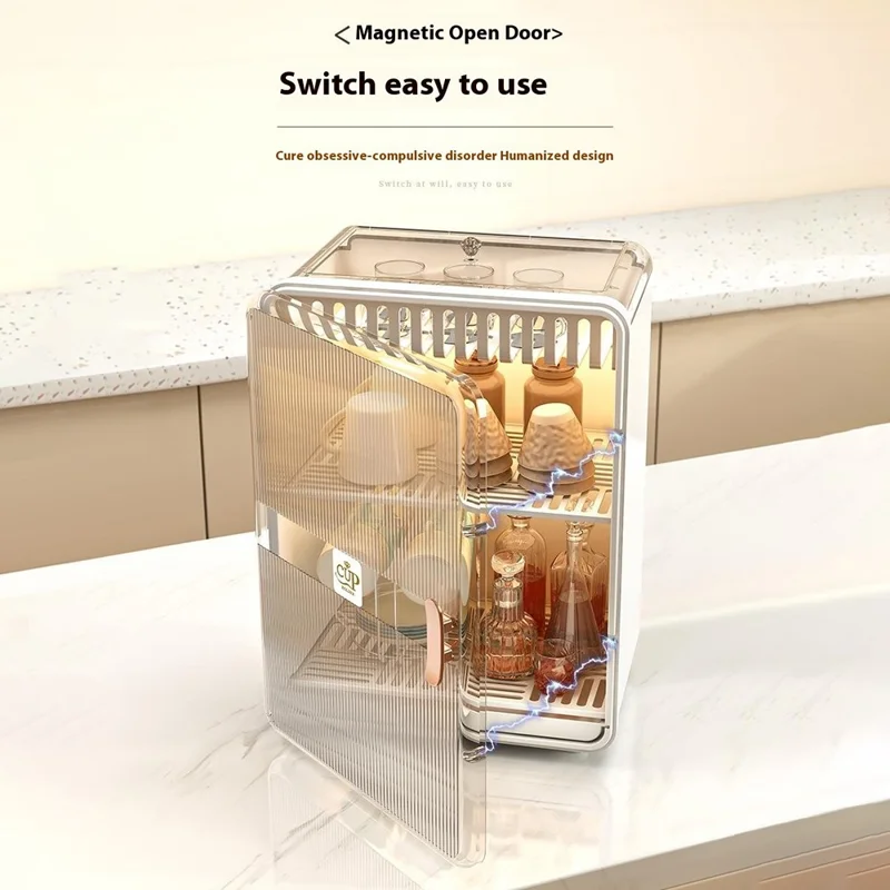 Dust-Proof Cup Storage Rack Mug Organizer Coffee Cup Wine Glasses Teacups Holder PP Draining Cabinet - White