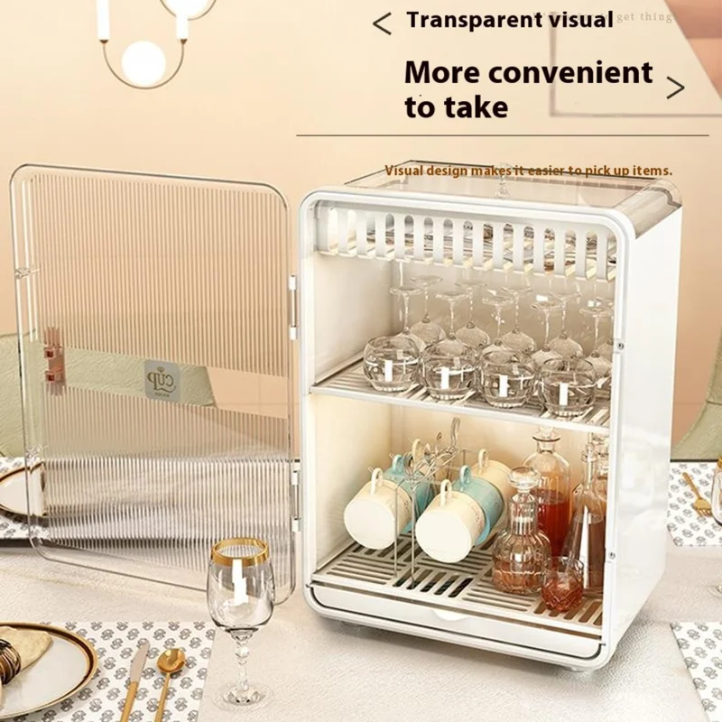 Dust-Proof Cup Storage Rack Mug Organizer Coffee Cup Wine Glasses Teacups Holder PP Draining Cabinet - White