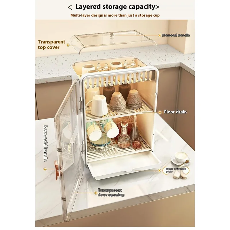 Dust-Proof Cup Storage Rack Mug Organizer Coffee Cup Wine Glasses Teacups Holder PP Draining Cabinet - White