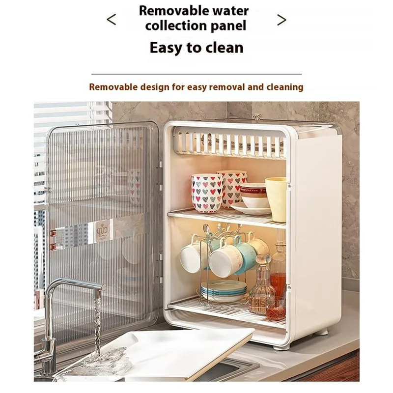 Dust-Proof Cup Storage Rack Mug Organizer Coffee Cup Wine Glasses Teacups Holder PP Draining Cabinet - White