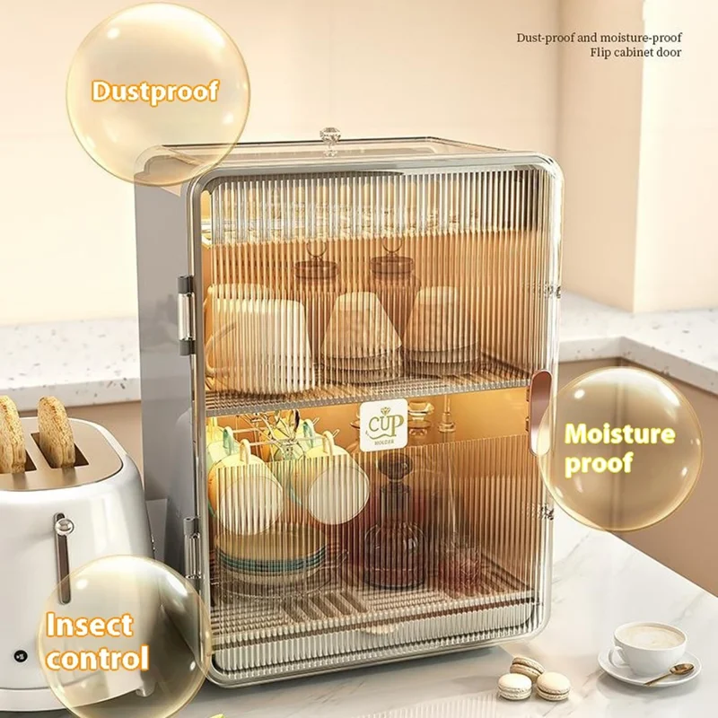 Dust-Proof Cup Storage Rack Mug Organizer Coffee Cup Wine Glasses Teacups Holder PP Draining Cabinet - White
