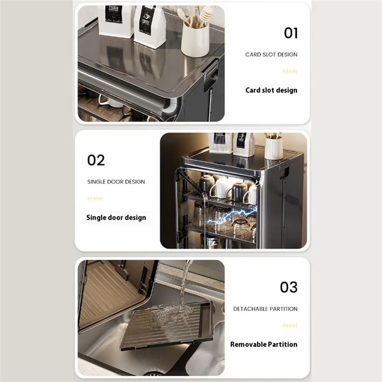 Large Size 4 Tier Cup Organizer PP Storage Cabinet Countertop Coffee Mugs Glasses Draining Shelf with Transparent Door - Black