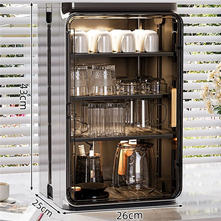 Large Size 4 Tier Cup Organizer PP Storage Cabinet Countertop Coffee Mugs Glasses Draining Shelf with Transparent Door - Black