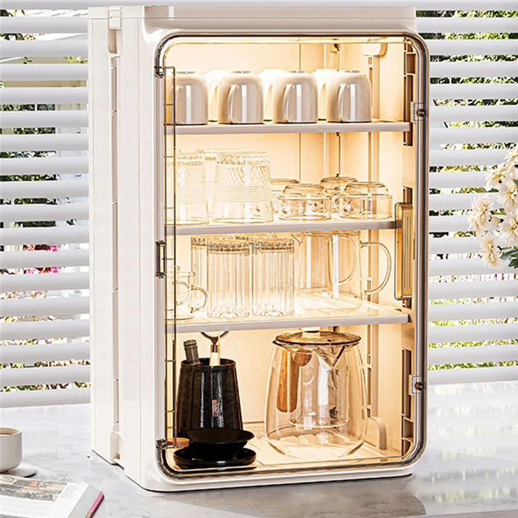 Large Size 4 Tier Cup Organizer PP Storage Cabinet Countertop Coffee Mugs Glasses Draining Shelf with Transparent Door - Beige