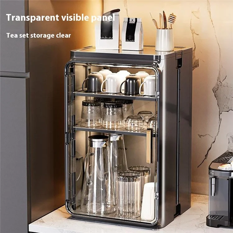 Large Size 4 Tier Cup Organizer PP Storage Cabinet Countertop Coffee Mugs Glasses Draining Shelf with Transparent Door - Beige
