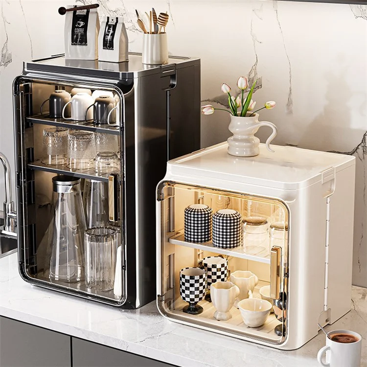 Large Size 4 Tier Cup Organizer PP Storage Cabinet Countertop Coffee Mugs Glasses Draining Shelf with Transparent Door - Beige