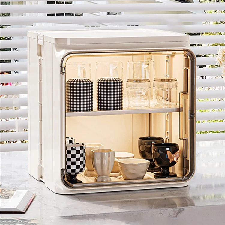 Petit organisateur de tasses à 2 niveaux Armoire de rangement en PP Étagère de drainage pour tasses à café et verres avec porte transparente - Beige