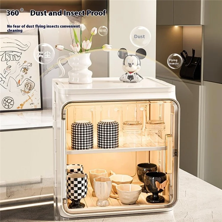 Petit organisateur de tasses à 2 niveaux Armoire de rangement en PP Étagère de drainage pour tasses à café et verres avec porte transparente - Beige