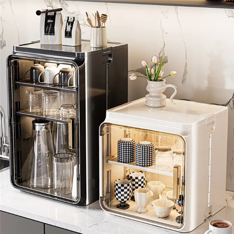 Petit organisateur de tasses à 2 niveaux Armoire de rangement en PP Étagère de drainage pour tasses à café et verres avec porte transparente - Beige