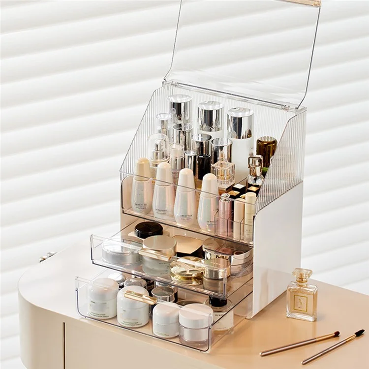 Großer Kapazitäts-Makeup-Organizer staubdicht Schreibtisch-Kosmetikaufbewahrungsbox mit Schubladen - Beige