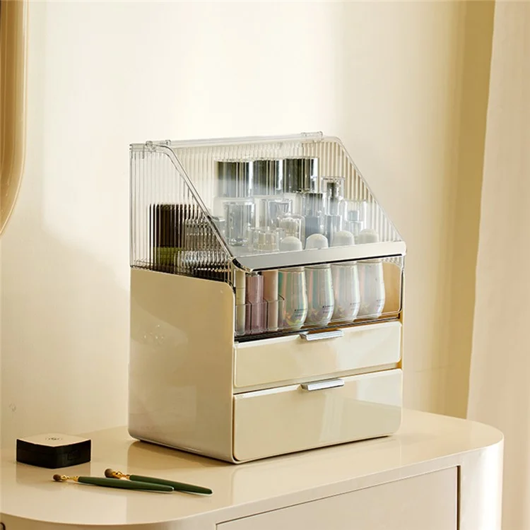 Großer Kapazitäts-Makeup-Organizer staubdicht Schreibtisch-Kosmetikaufbewahrungsbox mit Schubladen - Beige