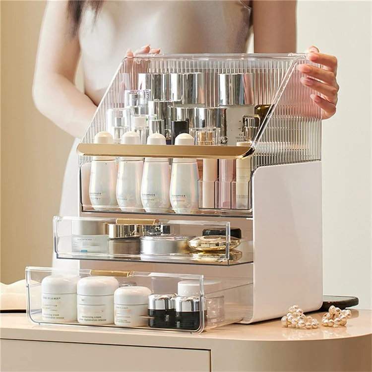 Großer Kapazitäts-Makeup-Organizer staubdicht Schreibtisch-Kosmetikaufbewahrungsbox mit Schubladen - Beige
