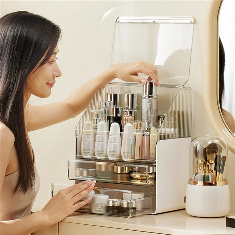 Großer Kapazitäts-Makeup-Organizer staubdicht Schreibtisch-Kosmetikaufbewahrungsbox mit Schubladen - Beige
