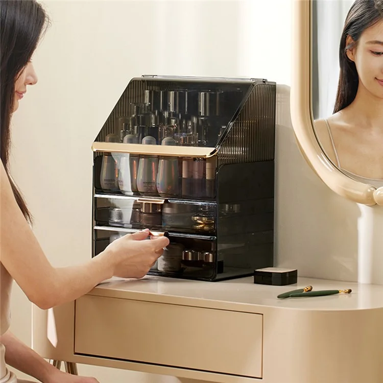 Großer Kapazitäts-Makeup-Organizer staubdicht Schreibtisch-Kosmetikaufbewahrungsbox mit Schubladen - Beige