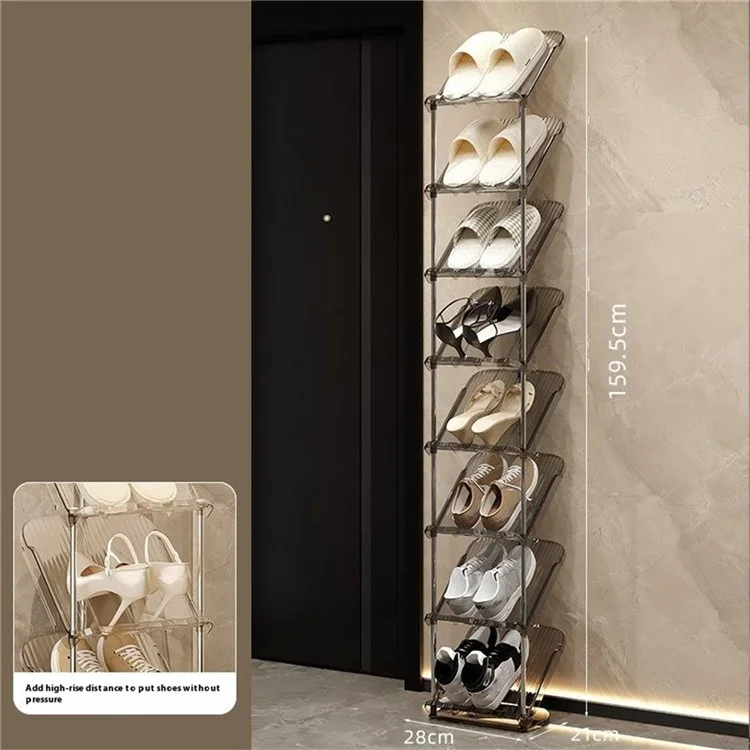 Rack de Sapatos de 8 Níveis em PP + Tubo de Aço Inoxidável - Prateleira Estreita de Armazenamento de Fácil Montagem e Economia de Espaço - Branco Transparente