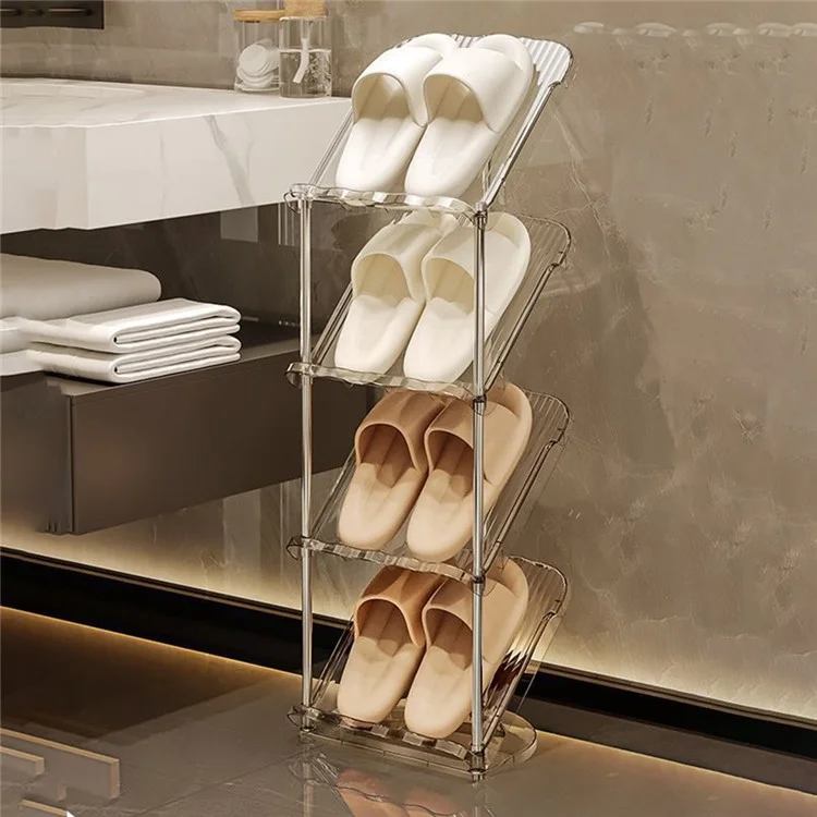 Rack de Sapatos de 8 Níveis em PP + Tubo de Aço Inoxidável - Prateleira Estreita de Armazenamento de Fácil Montagem e Economia de Espaço - Branco Transparente