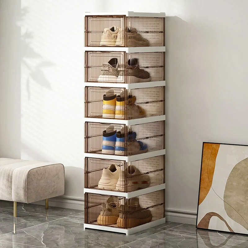 6 Layer No Installation Foldable Shoe Box Transparent Plastic Stackable Storage Container - Transparent Brown