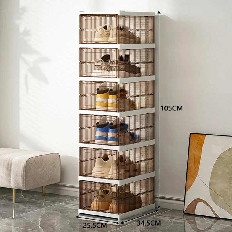 6 Layer No Installation Foldable Shoe Box Transparent Plastic Stackable Storage Container - Transparent Brown