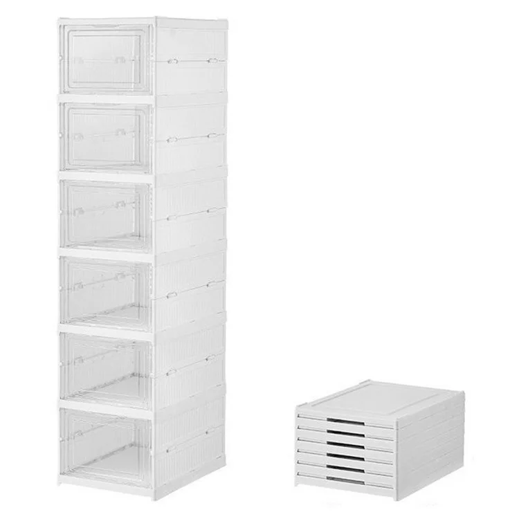6 Layer No Installation Foldable Shoe Box Transparent Door Plastic Stackable Storage Container - White