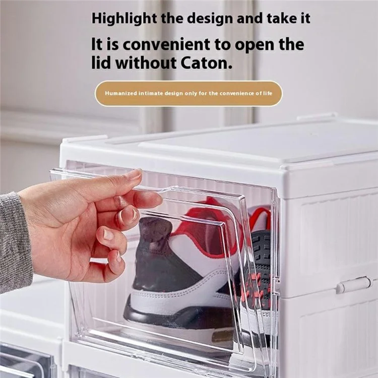 6 Layer No Installation Foldable Shoe Box Transparent Door Plastic Stackable Storage Container - White