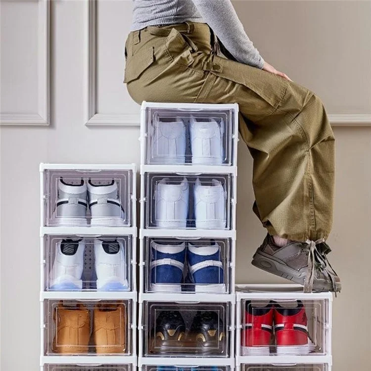 3-lagige faltbare Schuhbox ohne Installation, transparenter Kunststoff-Stapelbehälter - Transparent