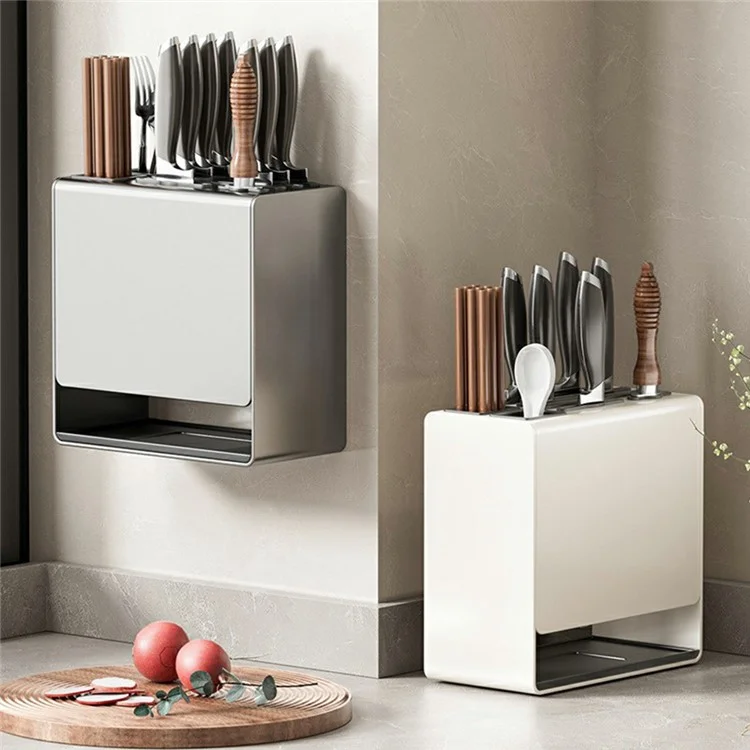Suporte de Organização de Facas D02 para Bancada / Montagem na Parede - Porta-Utensílios de Cozinha, Rack de Armazenamento de Talheres com Suporte para Garfo e Colher - Antioxidante