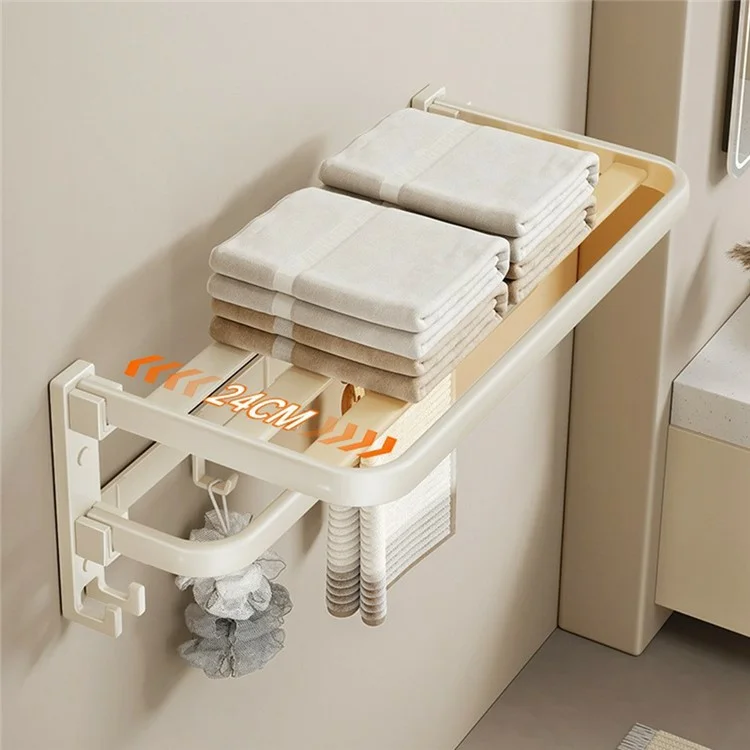Toallero de 40 cm de Metal para Baño, Montado en Pared, Estante de Almacenamiento sin Necesidad de Taladrar, Perchero Plegable con Ganchos
