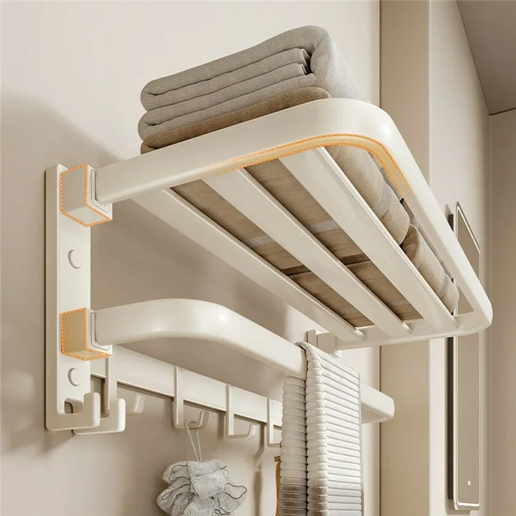 Toallero de Metal de 60 cm para Baño, Estante de Almacenamiento Montado en Pared, Sin Necesidad de Taladrar, Perchero Plegable con Ganchos
