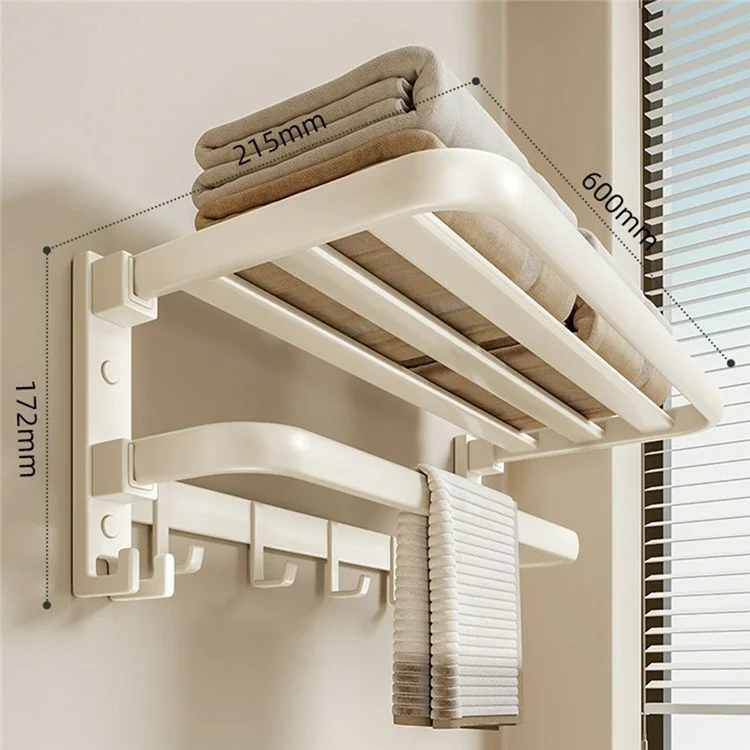 Toallero de Metal de 60 cm para Baño, Estante de Almacenamiento Montado en Pared, Sin Necesidad de Taladrar, Perchero Plegable con Ganchos