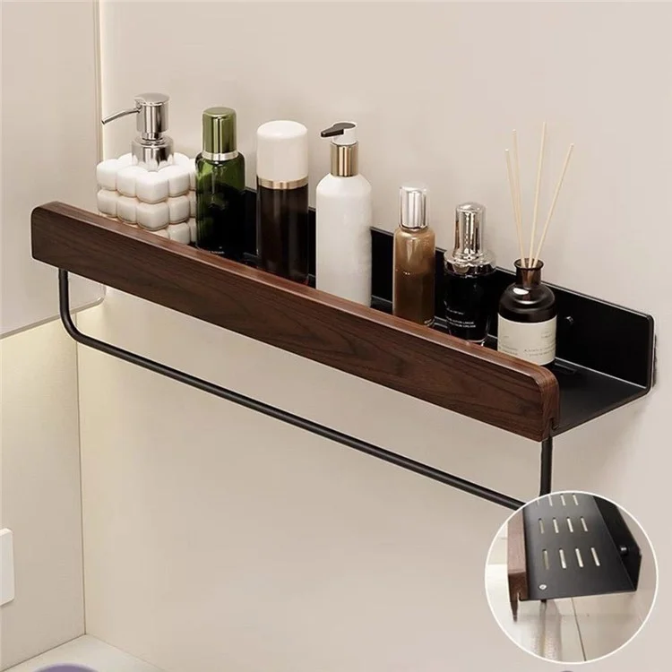 Estantería de Almacenamiento para Baño de 60 cm con Barra de Toallas, Organizador de Lavabo Montado en Pared sin Necesidad de Perforar - Negro