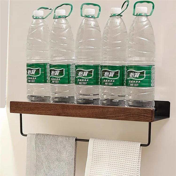 Estantería de Almacenamiento para Baño de 60 cm con Barra de Toallas, Organizador de Lavabo Montado en Pared sin Necesidad de Perforar - Negro
