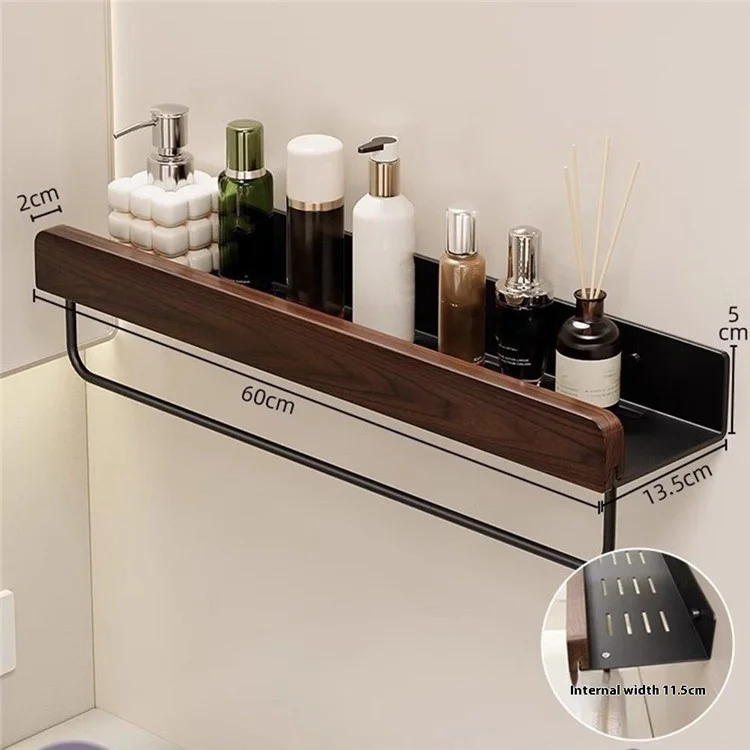 Estantería de Almacenamiento para Baño de 60 cm con Barra de Toallas, Organizador de Lavabo Montado en Pared sin Necesidad de Perforar - Negro