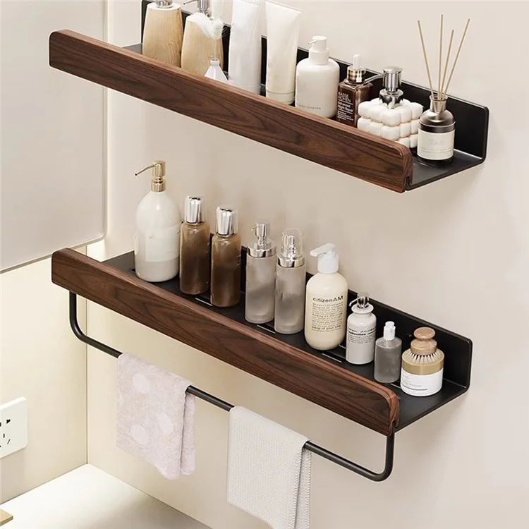 Estantería de Almacenamiento para Baño de 60 cm con Barra de Toallas, Organizador de Lavabo Montado en Pared sin Necesidad de Perforar - Negro