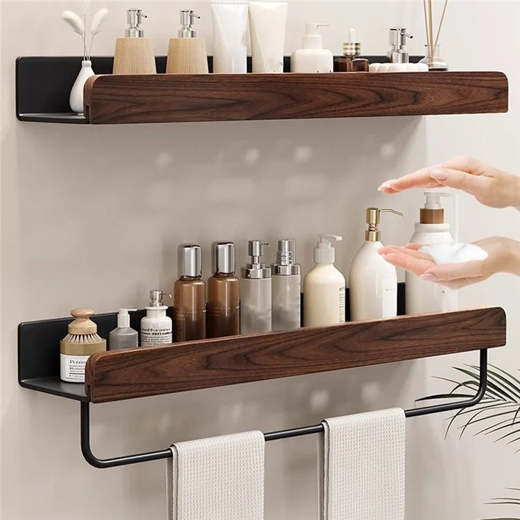 Estantería de Almacenamiento para Baño de 60 cm con Barra de Toallas, Organizador de Lavabo Montado en Pared sin Necesidad de Perforar - Negro