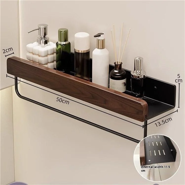 Estante de Almacenamiento de Madera para Baño de 50 cm con Barra de Toallas, Organizador de Lavabo Montado en Pared sin Necesidad de Taladrar - Negro