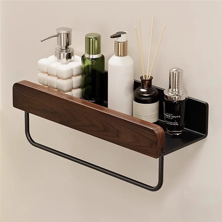 30cm Wood Bathroom Storage Shelf with Towel Bar Wall Mounted Washroom Organizer Punching Free - Black