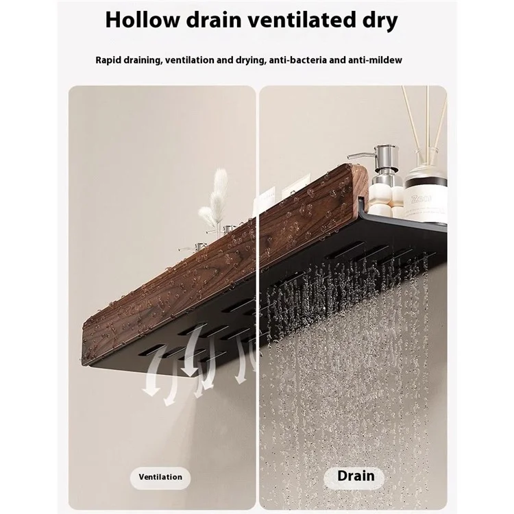 30cm Wood Bathroom Storage Shelf with Towel Bar Wall Mounted Washroom Organizer Punching Free - Black