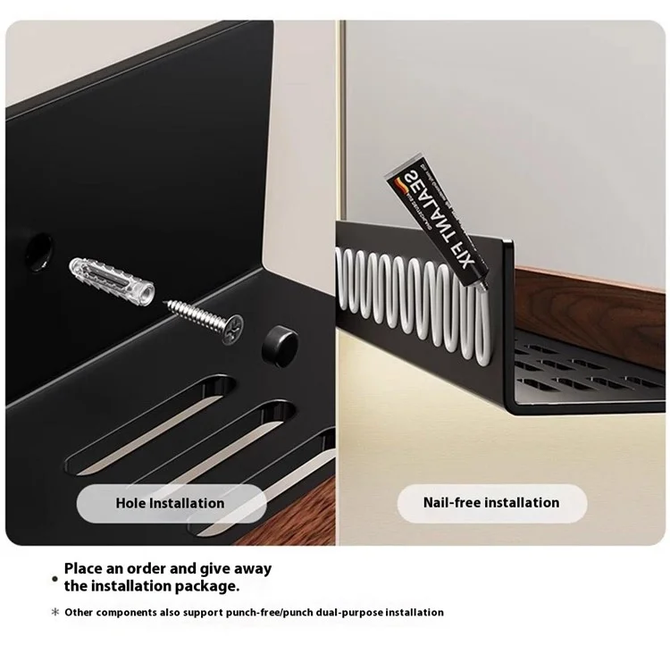 30cm Wood Bathroom Storage Shelf with Towel Bar Wall Mounted Washroom Organizer Punching Free - Black