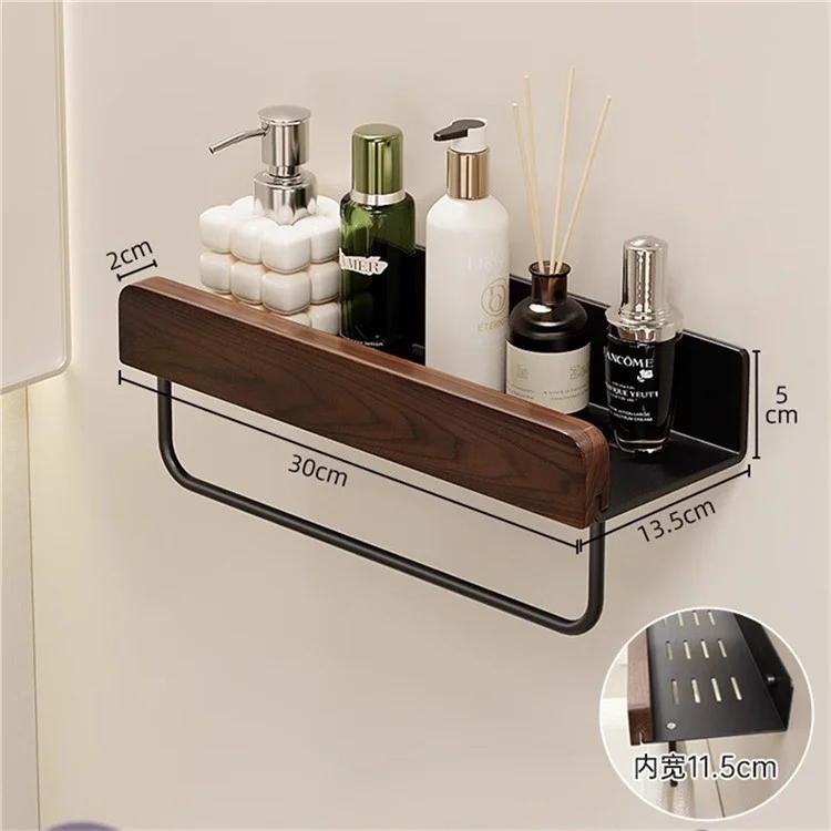 30cm Wood Bathroom Storage Shelf with Towel Bar Wall Mounted Washroom Organizer Punching Free - Black