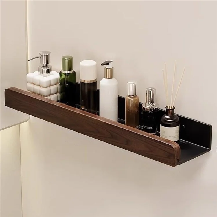 Estantería de almacenamiento de baño de madera de 50 cm Organizador montado en la pared sin perforación Soporte de baño - Negro