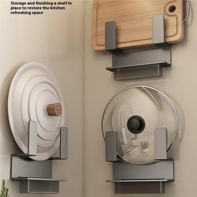 Pot Lid Organizer Wall Mounted No Drilling Kitchen Cutting Board Storage Rack with Drip Tray - Grey