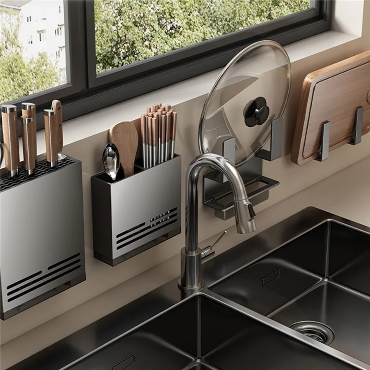 Pot Lid Organizer Wall Mounted No Drilling Kitchen Cutting Board Storage Rack with Drip Tray - Grey