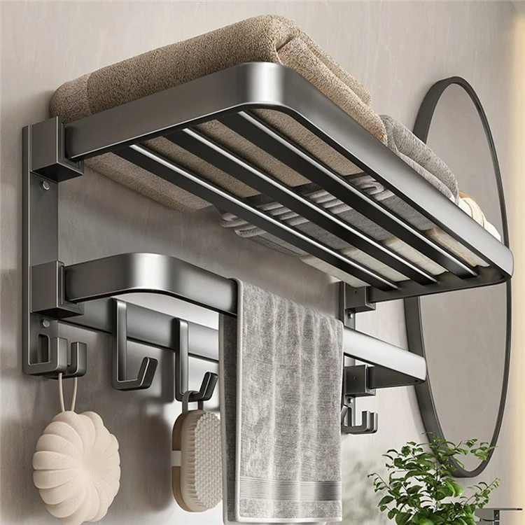 Toallero plegable de aluminio de 40 cm para baño, sin necesidad de taladrar, con estante de almacenamiento y ganchos para toallas